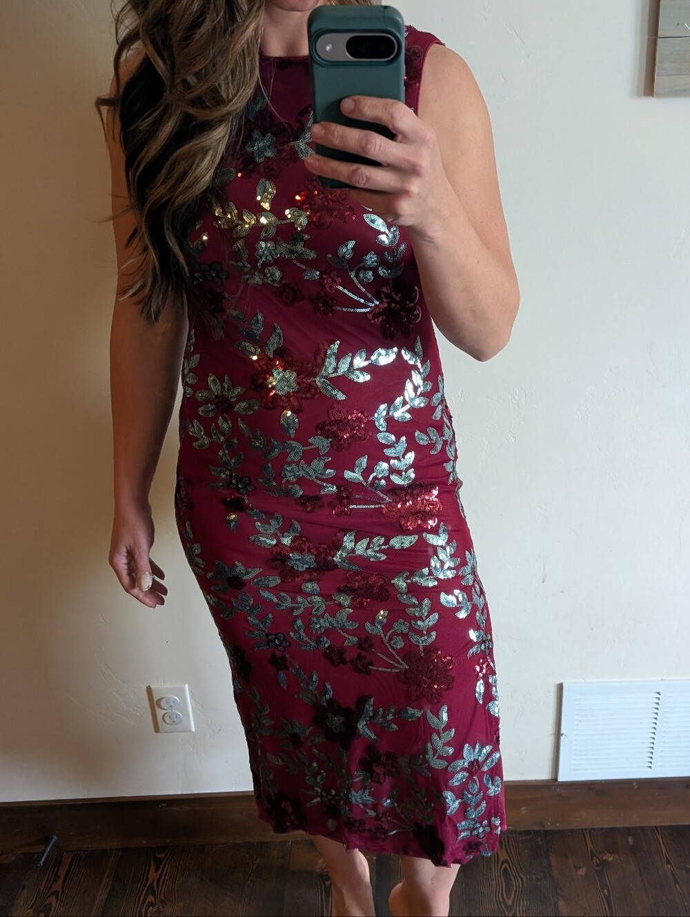Sleeveless Burgundy Floral Foil Midi Dress